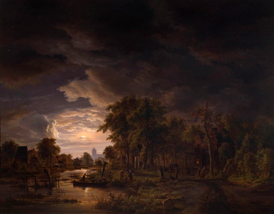 Jacob Abels - Dorp aan de rivier in maneschijn