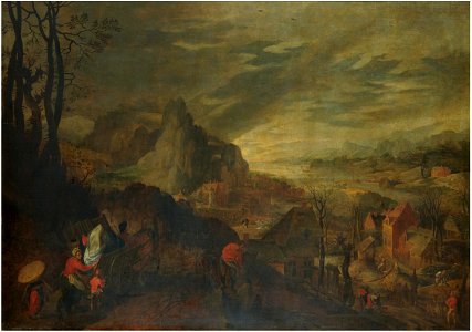 Jacob Grimmer and Gillis Mostaert (I) - Mountainous landscape with peasants working on the land and travellers with a carriage. Free illustration for personal and commercial use.