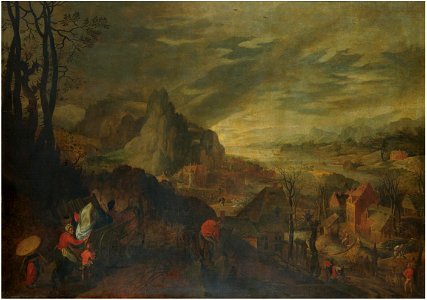 Jacob Grimmer and Gillis Mostaert (I) - Mountainous landscape with peasants working on the land and travellers with a carriage