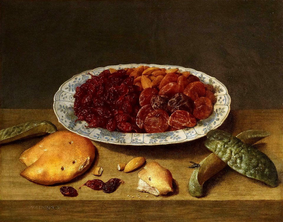 Jacob van Hulsdonck - Still life with raisons, apricots and plums in a porcelain dish