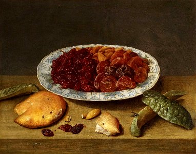 Jacob van Hulsdonck - Still life with raisons, apricots and plums in a porcelain dish