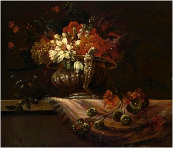 Jacob Melchior van Herck - Still life with poppy anemones, lilies and other flowers in a sculpted vase on a ledge covered with a table cloth
