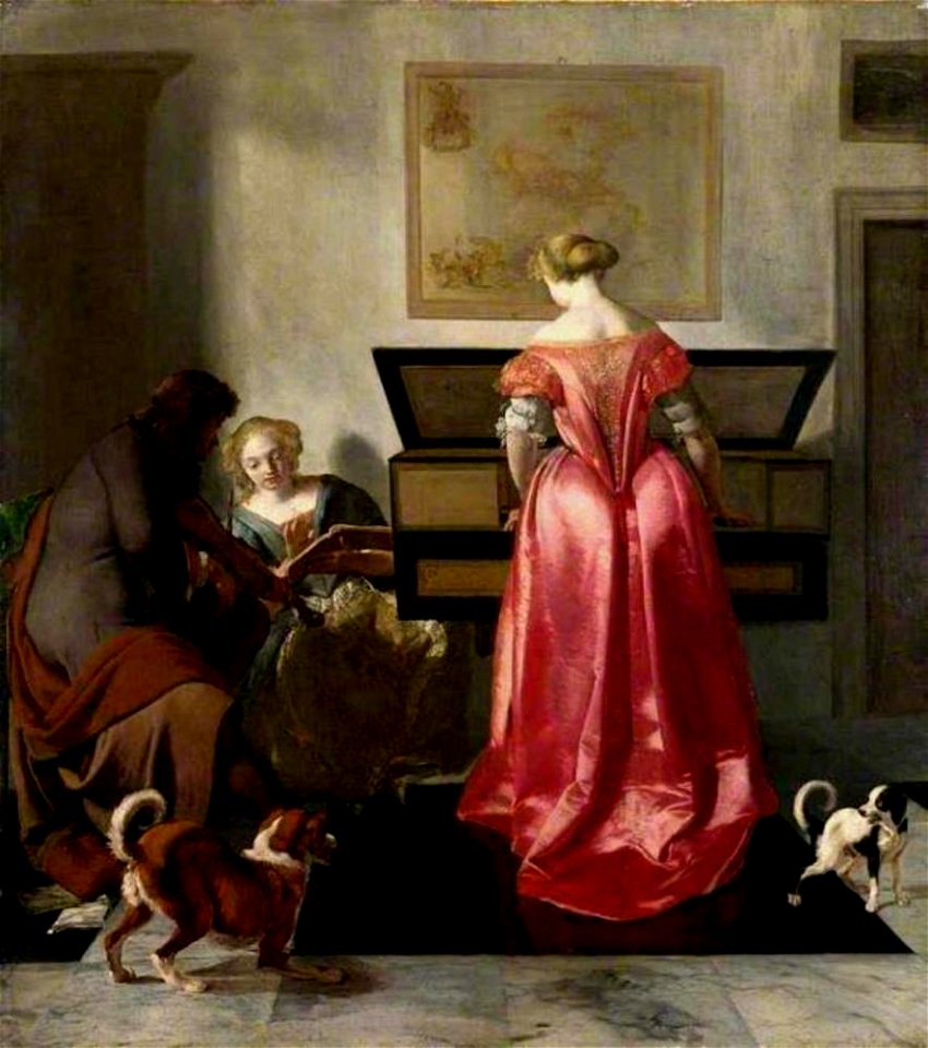 Jacob Ochtervelt - Virginaal spelende vrouw, een zingende vrouw en een vioolspelende man in een interieur - NG3864 - National Gallery