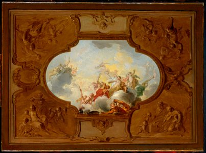 Jacob de Wit - Ontwerp voor een plafondstuk met de apotheose van Aeneas. In de hoeken de vier jaargetijden in brunaille - BR2106 - Rijksmuseum Twenthe