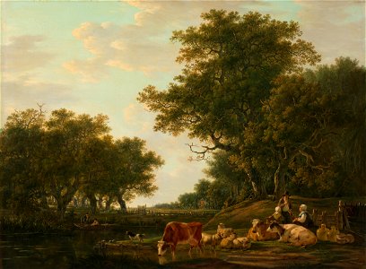 Jacob van Strij - Landschap met landlieden bij hun vee en hengelaars op het water. Free illustration for personal and commercial use.