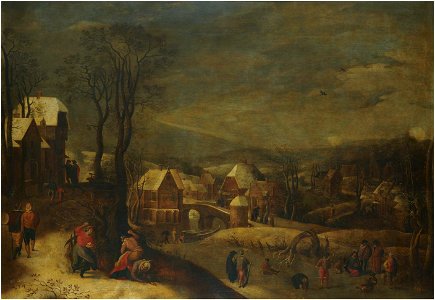 Jacob Grimmer and Gillis Mostaert (I) - Winter landscape with travellers and people on a frozen river. Free illustration for personal and commercial use.