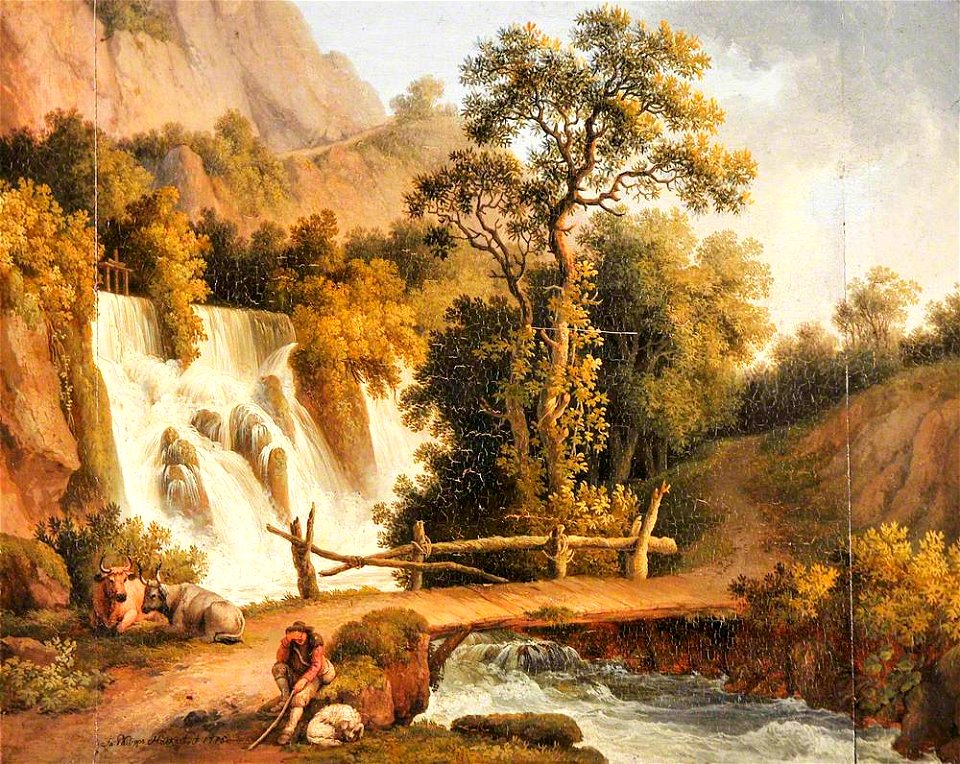 Jacob Philipp Hackert (1737-1807) - Landscape with a Waterfall and a Cowherd in the Foreground - 1180968 - National Trust