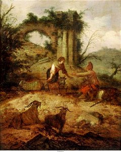 Jacob Sibrandi Mancadan - Zuidelijk landschap met herder en herderin bij een ruïne - 770 - Mauritshuis