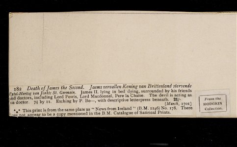 Jacobite broadside - Catalogue entry for a print of the death of James II