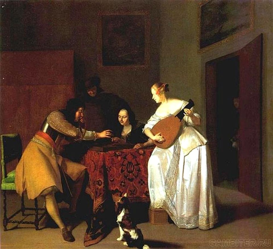 Jacob Ochtervelt - Trik-trakspelers en vrouw met luit in een interieur - G 1560 - Museum der bildenden Künste