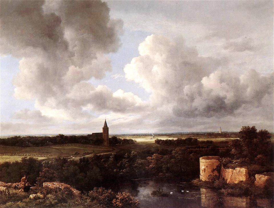 Jacob Isaacksz. van Ruisdael - An Extensive Landscape with a Ruined Castle and a Village Church - WGA20493