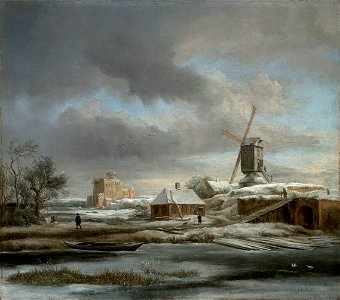 Jacob van Ruisdael - Winterlandschap met molen en huis in aanbouw. Free illustration for personal and commercial use.