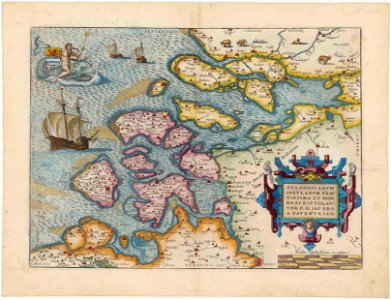 Jacob van Deventer - Coloured map of Zeeland - Zelandicarum Insularum exactissima et nova descriptio. Free illustration for personal and commercial use.