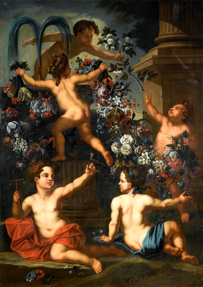 Jacob Melchior van Herck - Putti amid garlands of flowers beside a stone fountain and a column