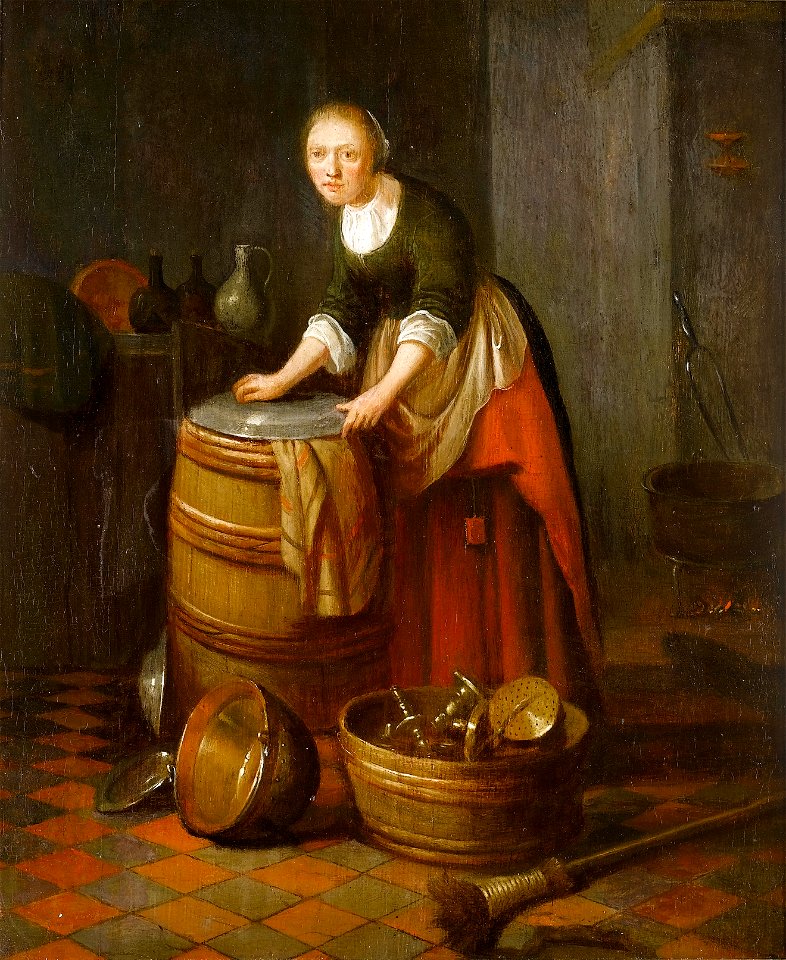 Jacob van Spreeuwen (attr) Kitchen with a young woman polishing brass