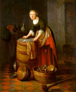 Jacob van Spreeuwen (attr) Kitchen with a young woman polishing brass. Free illustration for personal and commercial use.
