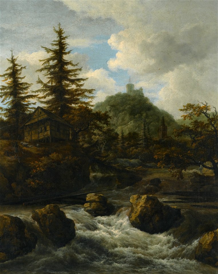Jacob van Ruisdael - a mountainous landscape with a fast-running river passing a cottage, a castle on the hill beyond