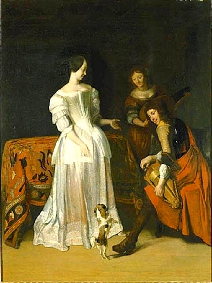Jacob Ochtervelt - Vrouw met muziekmakend paar en een hondje dat op zijn achterpoten staat - NM 658 - Nationalmuseum