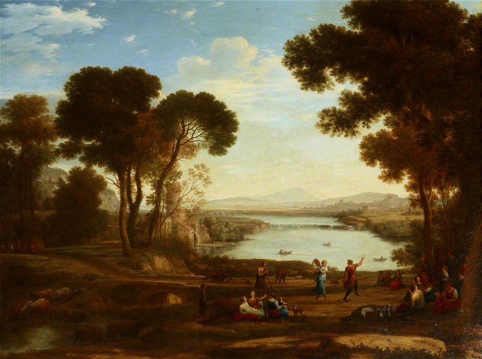 Jacob Philipp Hackert (1737-1807) (attributed to) - Landscape with Two Figures Dancing with Tambourines (The Mill) (after Claude Lorrain) - 851987 - National Trust