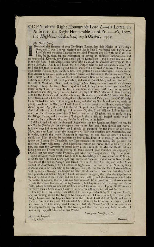 Jacobite broadside - Copy of the right honourable Lord Lovat's letter,