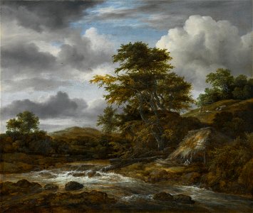 Jacob van Ruisdael - Low Waterfall in a Hilly Landscape with a Thatched Cottage
