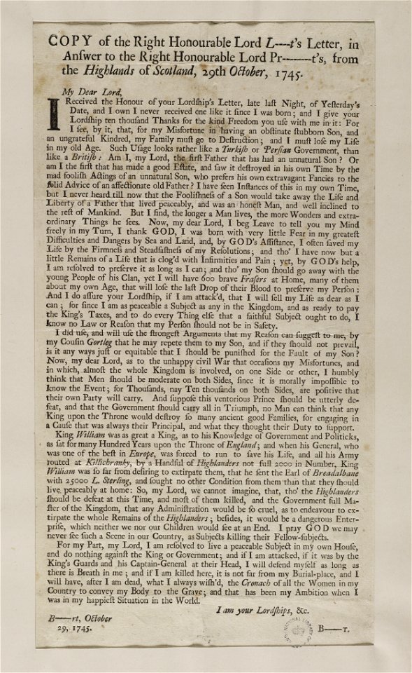 Jacobite broadside - Copy of the right honourable Lord Lovatt's letter