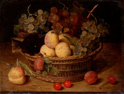 Jacob van Hulsdonck - Basket of fruit on a wooden ledge. Free illustration for personal and commercial use.