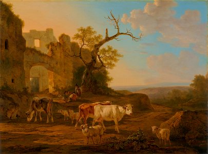 Jacob van Strij - Landschap met vee bij een ruïne