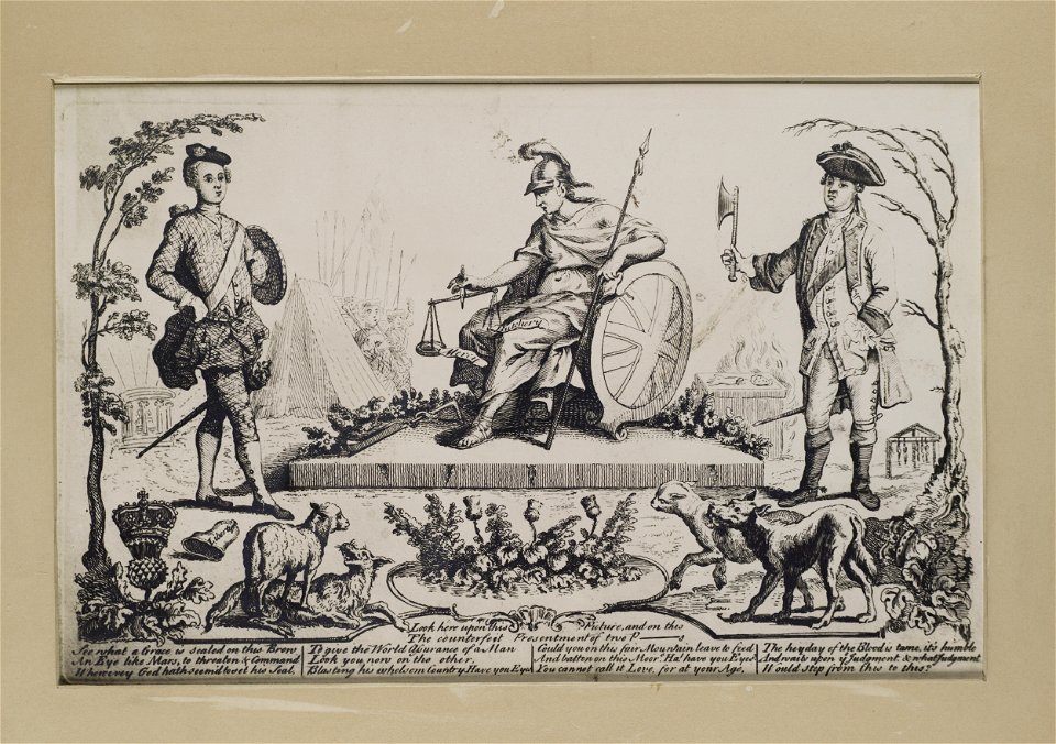 Jacobite broadside - Britannia sitting between Prince Charles and Cumberland weighing Mercy and Butchery