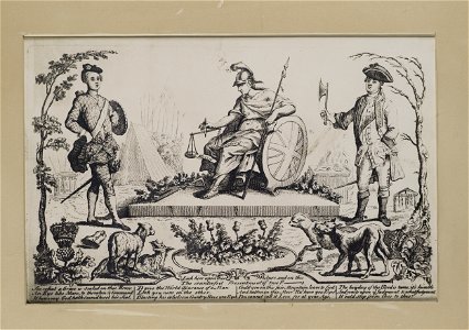 Jacobite broadside - Britannia sitting between Prince Charles and Cumberland weighing Mercy and Butchery