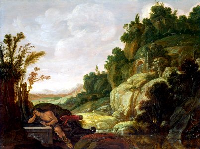 Jacob Pynas - Mountain Landscape with Narcissus (1628). Free illustration for personal and commercial use.