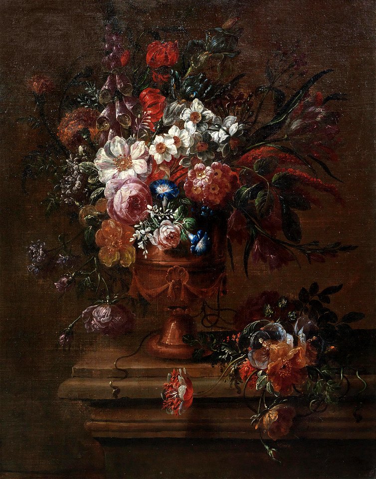 Jacob Melchior van Herck (Attr.) - Roses, narcissi, morning glory and other flowers in a terracotta vase on a stone ledge