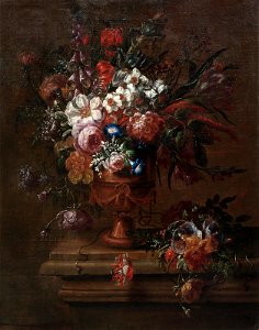 Jacob Melchior van Herck (Attr.) - Roses, narcissi, morning glory and other flowers in a terracotta vase on a stone ledge. Free illustration for personal and commercial use.