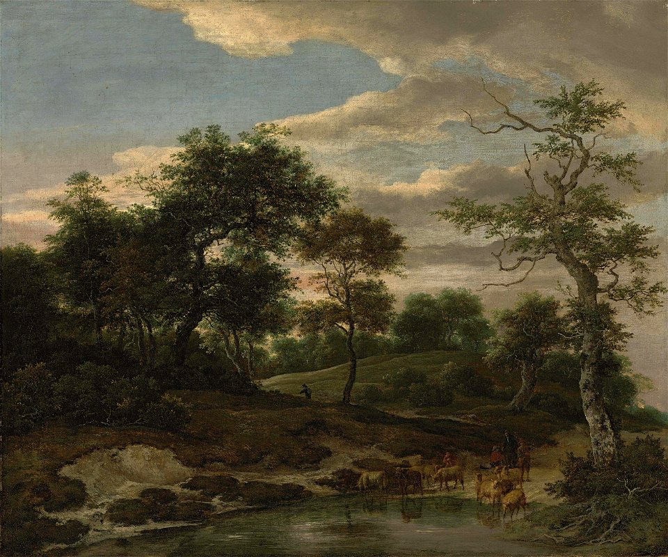 Jacob van Ruisdael - Rolling wooded landscape with cattle on a flooded road