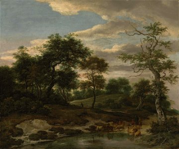 Jacob van Ruisdael - Rolling wooded landscape with cattle on a flooded road