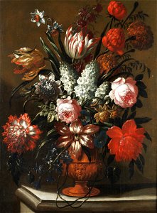 Jacob Melchior van Herck - Roses, tulips, lilies and other flowers in a terracotta vase on a stone ledge. Free illustration for personal and commercial use.