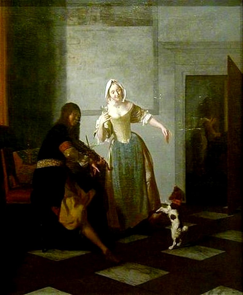 Jacob Ochtervelt - Vioolspeler en een jonge vrouw die met een hondje speelt - 1934.35 - Wadsworth Atheneum Museum of Art