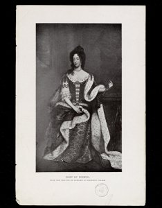 Jacobite broadside - Mary of Modena, from the painting by Kneller at Dalkeith Palace