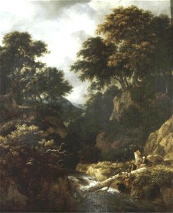 Jacob van Ruisdael - Wooded mountainous landscape with fishermen and resting travellers near a waterfall