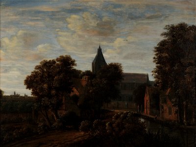 Jacob van Ruisdael (círculo) - Aldeia com igreja. Free illustration for personal and commercial use.