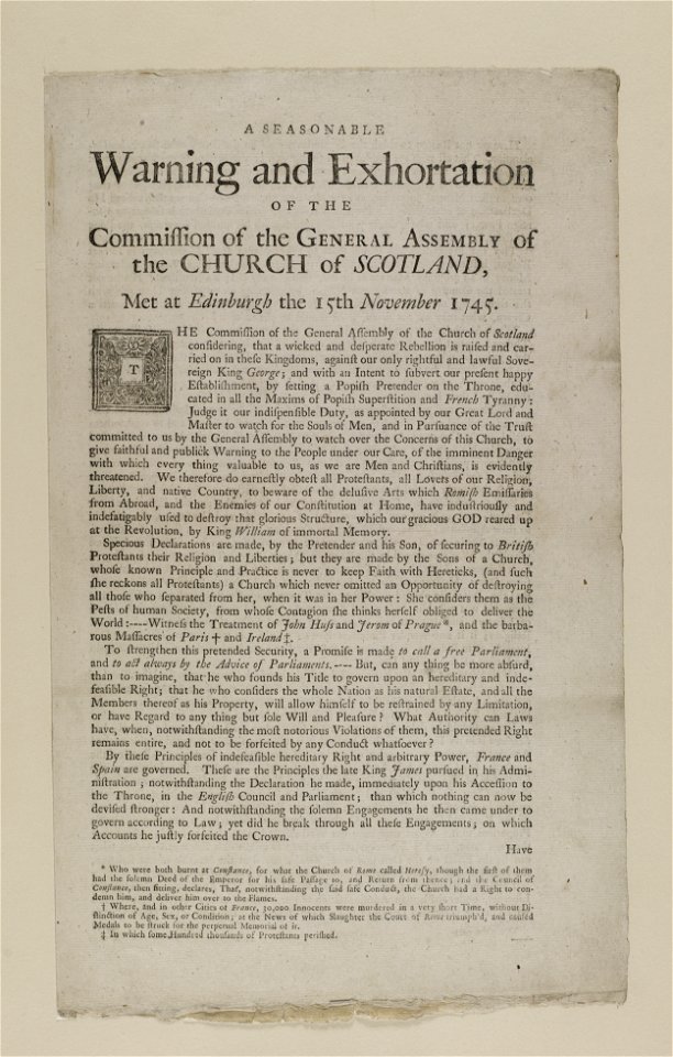 Jacobite broadside - Seasonable warning and exhortation of the commission of the general assembly of the Church of Sotland, met at Edinburgh