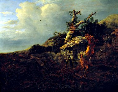 Jacob van Ruisdael - Dune Landscape with Thatched Cottage. Free illustration for personal and commercial use.
