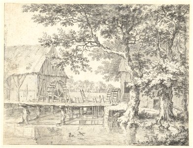 Jacob van Ruisdael - Drawing of a Double Watermill RP-T-1887-A-1390. Free illustration for personal and commercial use.