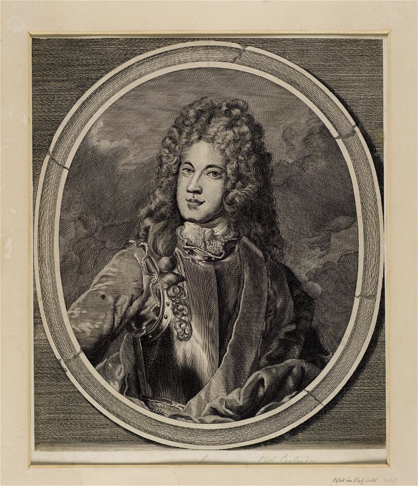 Jacobite broadside - Portrait of Prince James in partial armor in oval frame