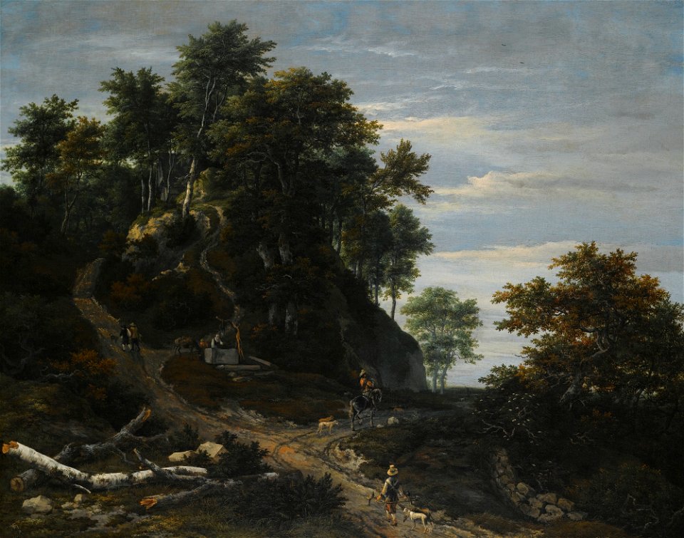 Jacob van Ruisdael - Hilly Wooded Landscape with a Falconer and a Horseman
