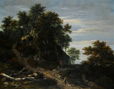 Jacob van Ruisdael - Hilly Wooded Landscape with a Falconer and a Horseman