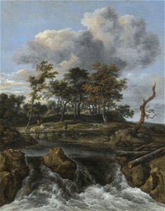 Jacob van Ruisdael - Landschap met waterval en een houten voetbrug. Free illustration for personal and commercial use.