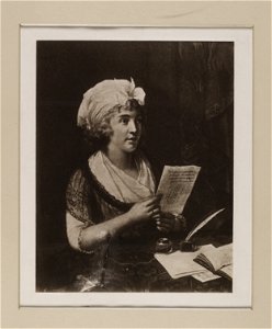 Jacobite broadside - Portrait of a woman at a table reading a letter
