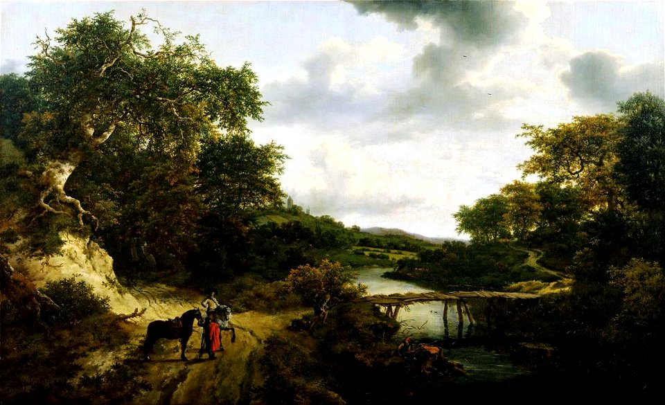 Jacob van Ruisdael - Landscape with footbridge fisherman and horsemen