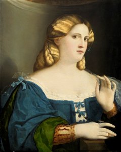 Jacopo Negretti, gen. Palma il Vecchio, , Kunsthistorisches Museum Wien, Gemäldegalerie - Junge Frau in blauem Kleid mit Fächer - GG 63 - Kunsthistorisches Museum. Free illustration for personal and commercial use.